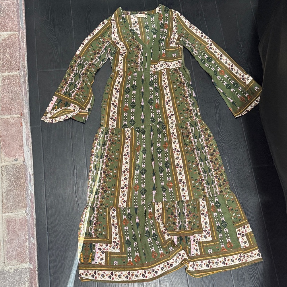 Altar'd State Olive Green Floral Tiered Maxi Dress